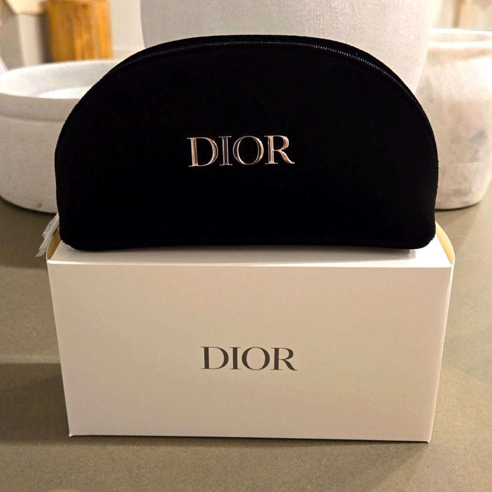 Brand New in Box DIOR Velvet bag pouch zipper w/  Dior logo in silver on front
